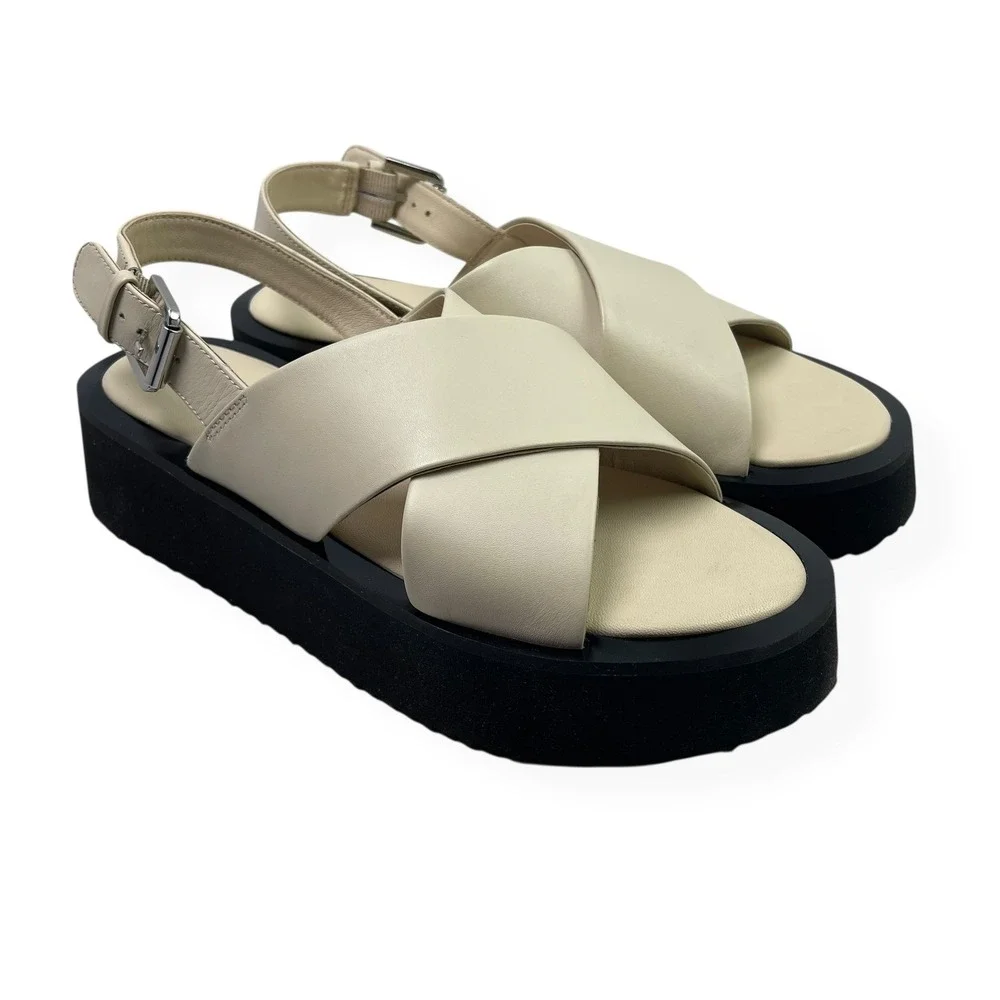 NWT Anthropologie Maeve Chrissy Platform Buckle Sandals Cream‎ Leather Sz 9 $140